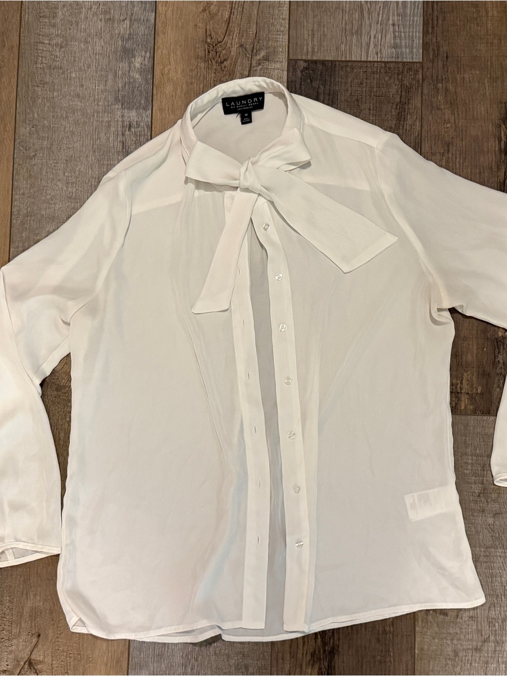 Laundry Sheer White Tie-Neck Button Front Shirt